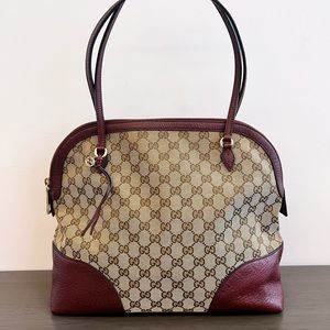 Like New Gucci Bree Dome GG Monogram Beige canvas with Burgendy leather trim